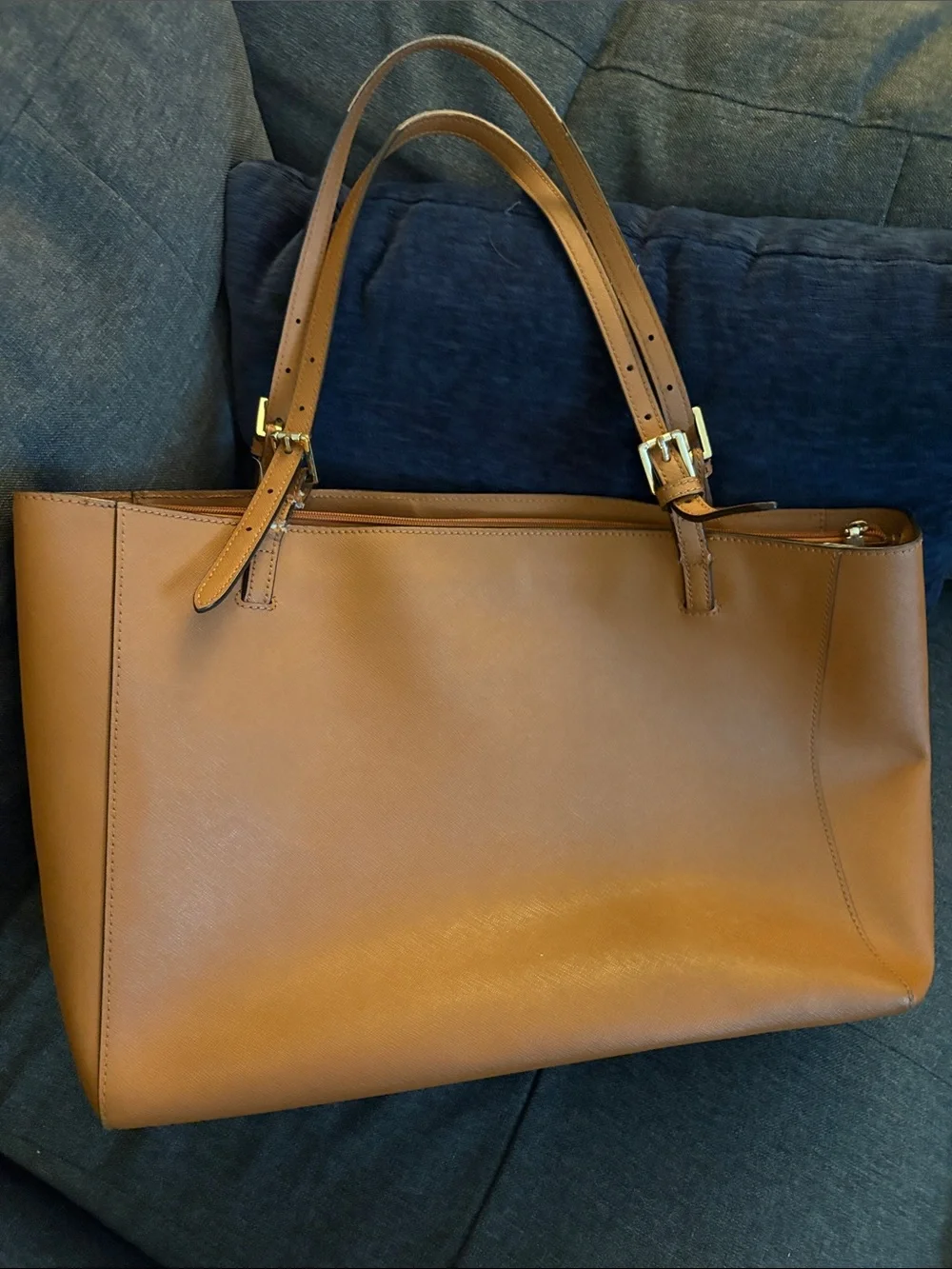 Tory Burch Tan Leather Double-Handle Tote with Gold Logo